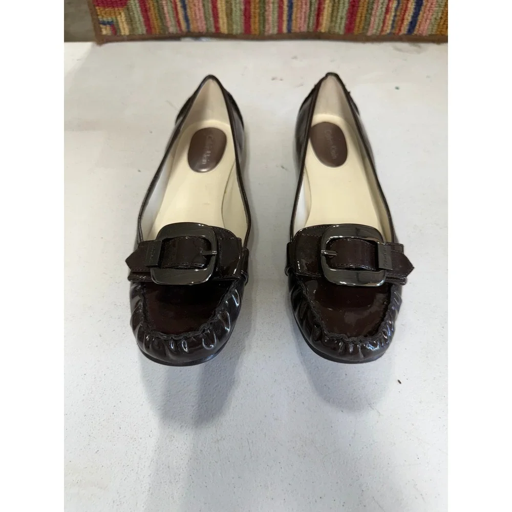 Calvin Klein Chainey Dark Brown Patent Leather Buckle Loafer Flats‎ Womens 8.5M